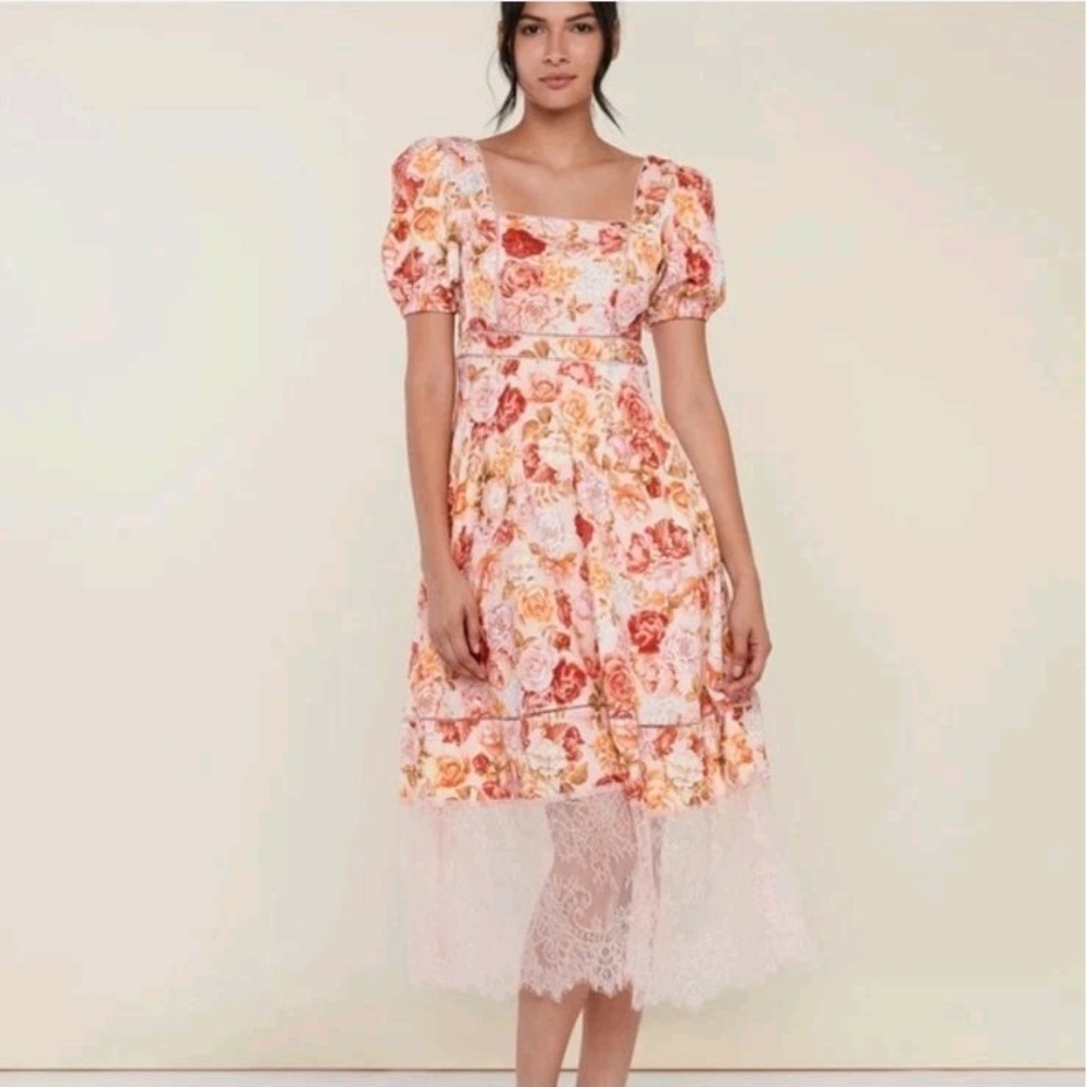 Rachel Parcell Blush Pink Floral Satin Lace Trim Coquette Midi Dress Size 16